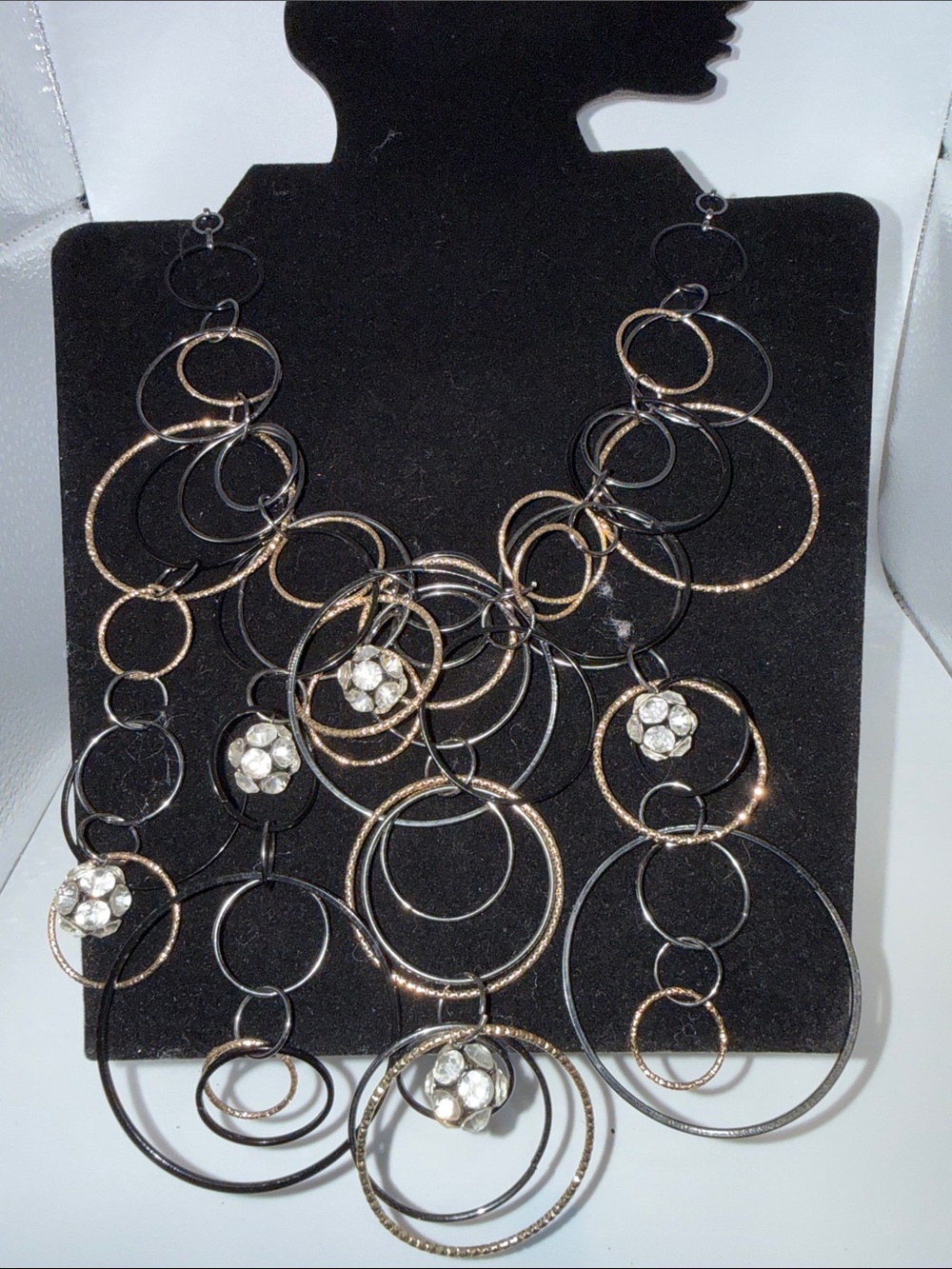 Statement Multi-Ring Necklace with Crystal Accents - Black & Gold